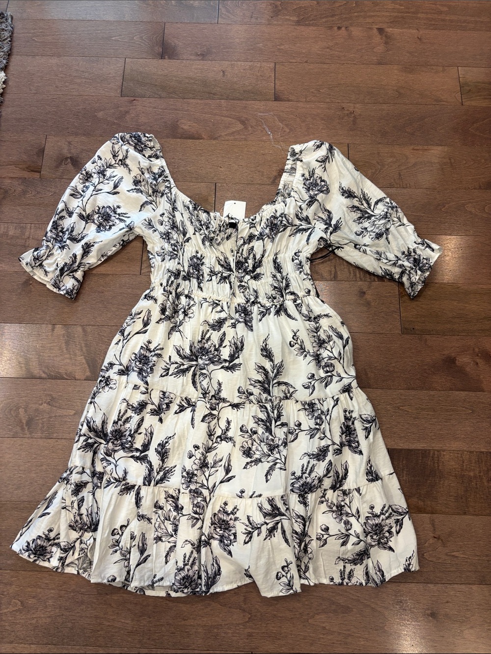 Floral Smocked Waist Tiered Dress in Cream and Black